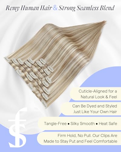 Image of Full Shine Thick Clip in Hair Extensions Real Human Hair, 22 Inch 220g 7Pcs | Dark Blonde Mix Light Blonde Highlights Clip ins for Women, Invisible Straight Hair for Volume, Long Layered Styles