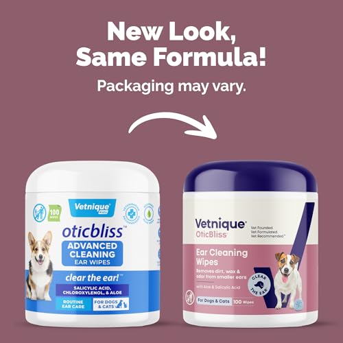 VETNIQUE LABS Oticbliss Advanced Reinigungstücher für Hunde, Katzen und Haustiere gegen Geruch, Schmutz und Wachs, mit beruhigender Aloe Vera und Vitamin E, reinigt das Ohr