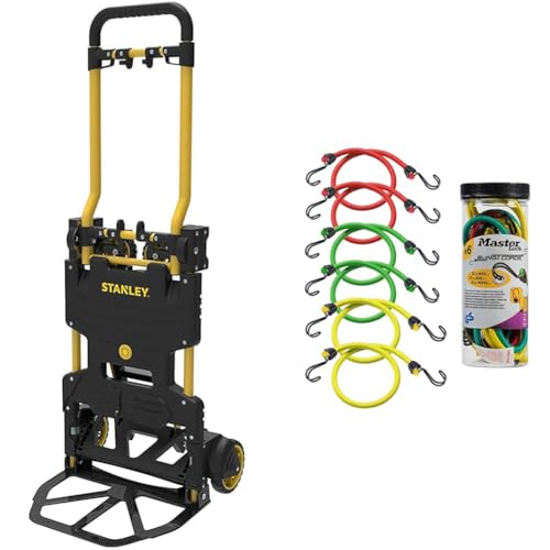 Stanley Chariot Pliable 2 en 1, Noir/Jaune, Ajustable & Master Lock 3040EURDAT Tendeurs avec Crochets [Pack de 6 Elastiques] [2 * 60 cm + 2 * 80 cm + 2 * 100 cm] [Double Crochet Inversé] - Idéal pour