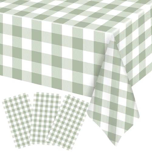 Image of Ganeen 3 Pcs Green and White Checkered Tablecloths Disposable Plastic Gingham Table Cloths Waterproof Rectangle Plaid Table Cover for Christmas Wedding Picnic Birthday Party Decor, 54 x 108 Inch