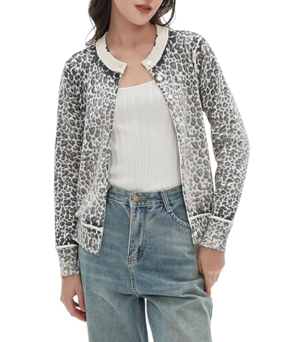 Women's Leopard Knit Cardigan Cropped Front Button Sweater Long Sleeves Casual Crewneck Cardigan Sweater Outerwear