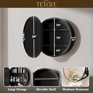 TETOTE 20 x 20 Inch Medicine Cabinet Mirror Black Framed Round Mirrored Medicine Cabinets for Bathroom Adjustable Shelves Modern Bathroom Mirror with Storage Wall Mounted