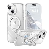 【透き通る上質感・多機能360°回転スタンド】KMAMBNG iPhone 15 用 ケース Magsafe対応【耐衝撃・金属感・真空メッキ・黄変防止・ストラップホール付き】縦横両立 角度自在 調整可能 磁吸機能でワイヤレス充電対応 おしゃれ スマホケース (クリア, iPhone 15)