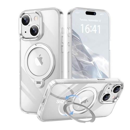 【透き通る上質感・多機能360°回転スタンド】KMAMBNG iPhone 15 用 ケース Magsafe対応【耐衝撃・金属感・真空メッキ・黄変防止・ストラップホール付き】縦横両立 角度自在 調整可能 磁吸機能でワイヤレス充電対応 おしゃれ スマホケース (クリア, iPhone 15)