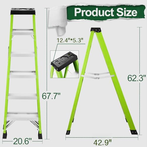 Image of Fiberglass Ladder, Single-Sided Stepladder for Electrical Engineering Ladder Construction with a Load Capacity of 330 pounds (5 Steps-Green)