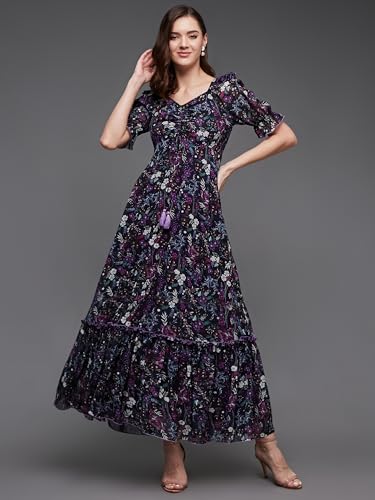 Image of Miss Chase Women's Multicolored-Base-Brown Relaxed Fit Maxi Lurex Chiffon Dress