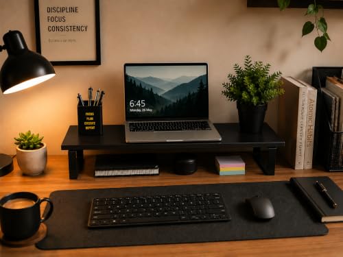 Image of Wooden Monitor Stand with Storage Organizer For Desk, Tables, Office, Home, Studio, Study Table | Desktop Ergonomic Monitor Stand Riser (Black, Large (with metal legs))