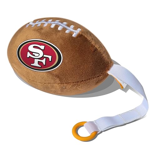 Image of San Francisco 49ers Plush Football Pacifier Holder by Smilo - Officially Licensed NFL Soother Holder - Soft Plush Toy and Dummy Holder - Fits Any Pacifier - Stroller Accessory & Newborn Essential