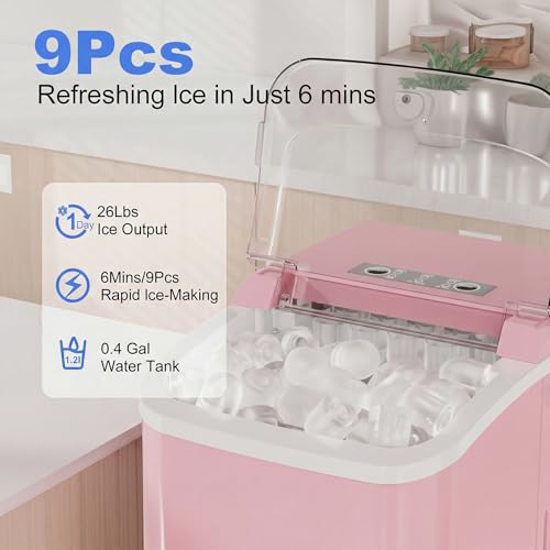 KMFurnila Ice Makers Countertop, Portable Ice Machine with Handle, 6 Mins 9 Bullet Ice Cubes with Basket and Scoop, 26lbs in 24Hrs, Auto-Cleaning, for Home, Kitchen, RV, Camping, Pink