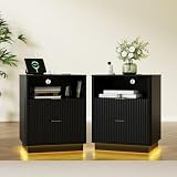 Fluted Nightstand Set of 2, Wooden Night Stand with Charging Station & LED Light, Modern Mid Century Bedside End Table with 2 Drawers, 20" w x 15.7" d x 24" h, for Bedroom, Black