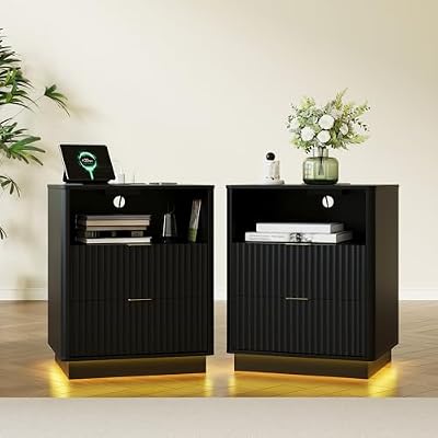 Fluted Nightstand Set of 2, Wooden Night Stand with Charging Station & LED Light, Modern Mid Century Bedside End Table with 2 Drawers, 20" w x 15.7" d x 24" h, for Bedroom, Black