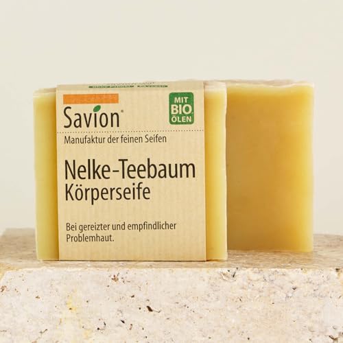 Savion Naturseife Nelke-Teebaum gegen Juckreiz & Ekzeme | Für trockene & empfindliche Haut | Hoch rückfettend (10%) | Vegan | Made in Germany