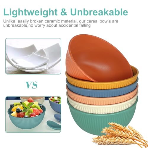 Ulrikco 6 pcs Unbreakable Plastic Bowls Set with Spoons - Colorful Cereal Bowl Soup Bowls for Adults & Kids Safe for Dishwasher & Microwave, Reusable Serving Bowl for Kitchen, Camping, Parties (655ML) - Image 5