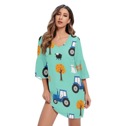 Robe imprimée tracteurs bleus col V vêtement léger été décontracté femme mode