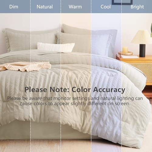 Image of CozyLux Oversized King Comforter Set with Sheets, 7 Pieces 120 inchx98 inch Oatmeal Seersucker Bed in a Bag, Luxury Soft Bedding Sets with Down Alternative Comforter, Sheets, Pillowcases & Shams All Seasons
