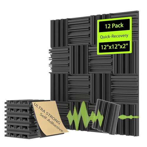 EEKIYA Sound Proof Foam Panels for Walls w/Self-Adhesive, Quick-Recovery Acoustic Panels Sound Absorbing, Sound Proofing Panels for Recording Studio, Home, Office (12pack, 12"x12"x2", 3D Grooves)