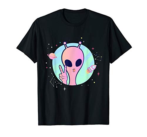 Peace Sign Hand Planet Stars UFO Cool Trippy Gift Pink Alien T-Shirt