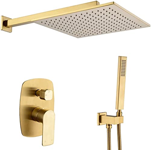 jewelry de ducha, grifo de ducha de latón de 10 a 12 pulgadas, juego combinado de mezclador de lluvia de lujo, de cabezal de ducha tipo lluvia montado en la pared, juego de ducha de oro cepillado