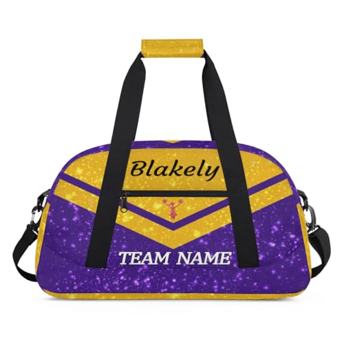 Personalized Name Glitter Cheer Bags for Girls Boy Customize Travel Duffle Bag Foldable Sports Bag Kids Gym Bag Glitter Purple Gold