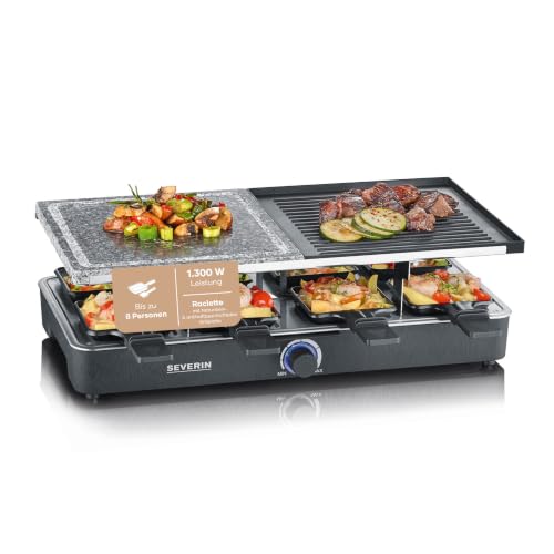 Severin Raclette-Grill, Naturgrillstein, Grillplatte, für 8 Personen | Raclette mit antihaftbeschichteter Grillplatte und 8 Pfännchen, max. 1300 W...
