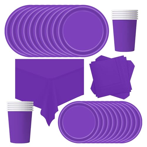POPOYU 69 Pièces Vaisselle Jetable Anniversaire Violet foncé,Assiette Carton Papier Tasses...