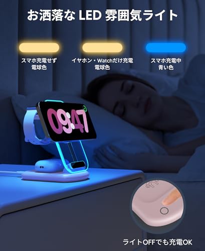 3in1充電器 ワイヤレス充電器 MagSafe充電器 - 折り畳み式 雰囲気ライト付き iPhone/Apple Watch/Airpodsに対応 マグセーフ充電器 3台同時充電 角度調整可能 マルチ充電スタンド マグネット式 旅行用 自宅用 iWatch iPhone17/16/15/14/13/12 Pro Max Miniに対応 QC3.0アダプター付属
