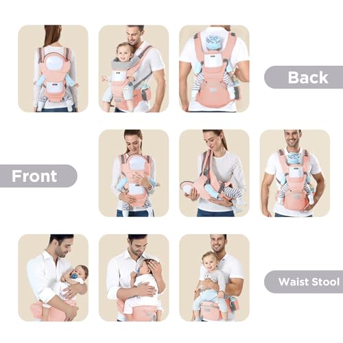 Huifen Baby Carrier with Hip Seat, Multi-Functional 9 in 1 Baby Wrap Carrier Newborn to Toddler for All Seasons Ergonomic Baby Sling Carrier Hands Free Baby Backpack Carrier 7-45 lbs (Pink)