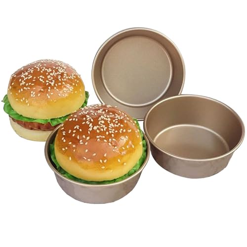 MGGi 4 Inch Nonstick Hamburger Bun Mold, 4 Pcs Mini Cake Pans for Baking, Carbon Steel Reusable Small Air Fryer Cake Baking Mold Bakeware for Hamburger,Kugelhopf,Jumbo Muffin,Mini Pie - Gold