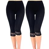 Liang Rou Women's Ultra Thin Stretch Cropped Leggings Black Lace Trim 2-Pack