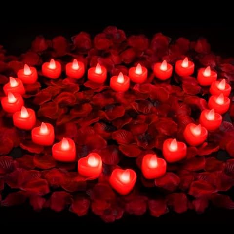 Amagic 2000 Pieces Red Artificial Rose Petals with 24 Red Heart LED Tea Lights, Rose Petals and Candles Set for Proposal, Anniversary, Valentine's Day, Romantic Night, Wedding Decor Cover
