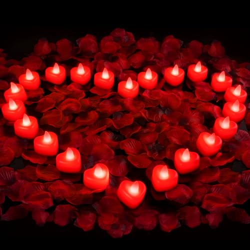 Image of Amagic 4000 Pieces Red Artificial Rose Petals with 50 Red Heart LED Tea Lights, Rose Petals and Candles Set for Proposal, Anniversary, Romantic Night, Wedding Decor