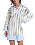 Kedera Women's Summer Casual Striped Mini Dresses 2025 Collared V Neck 3/4 Sleeve A Line T Shirt Dress with Side Slit