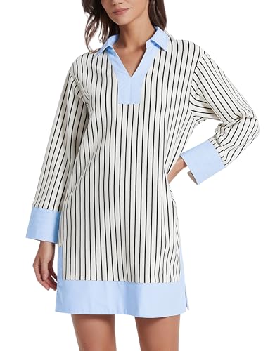 Kedera Women's Summer Striped Dress Long Sleeve V Neck Collared Shirt Mini Dresses 2026 Trendy with Side Slit