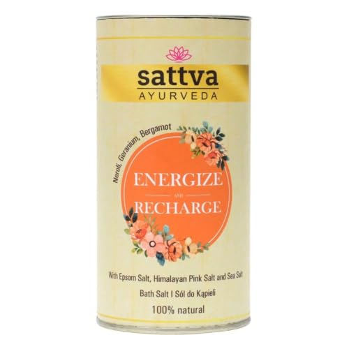 Sattva Energize & Recharge - Baño relajante con aroma a bergamota, cristales de baño 100% naturales de sal Epsom, sal del Himalaya y sal marina, para hombres y mujeres, 300 g
