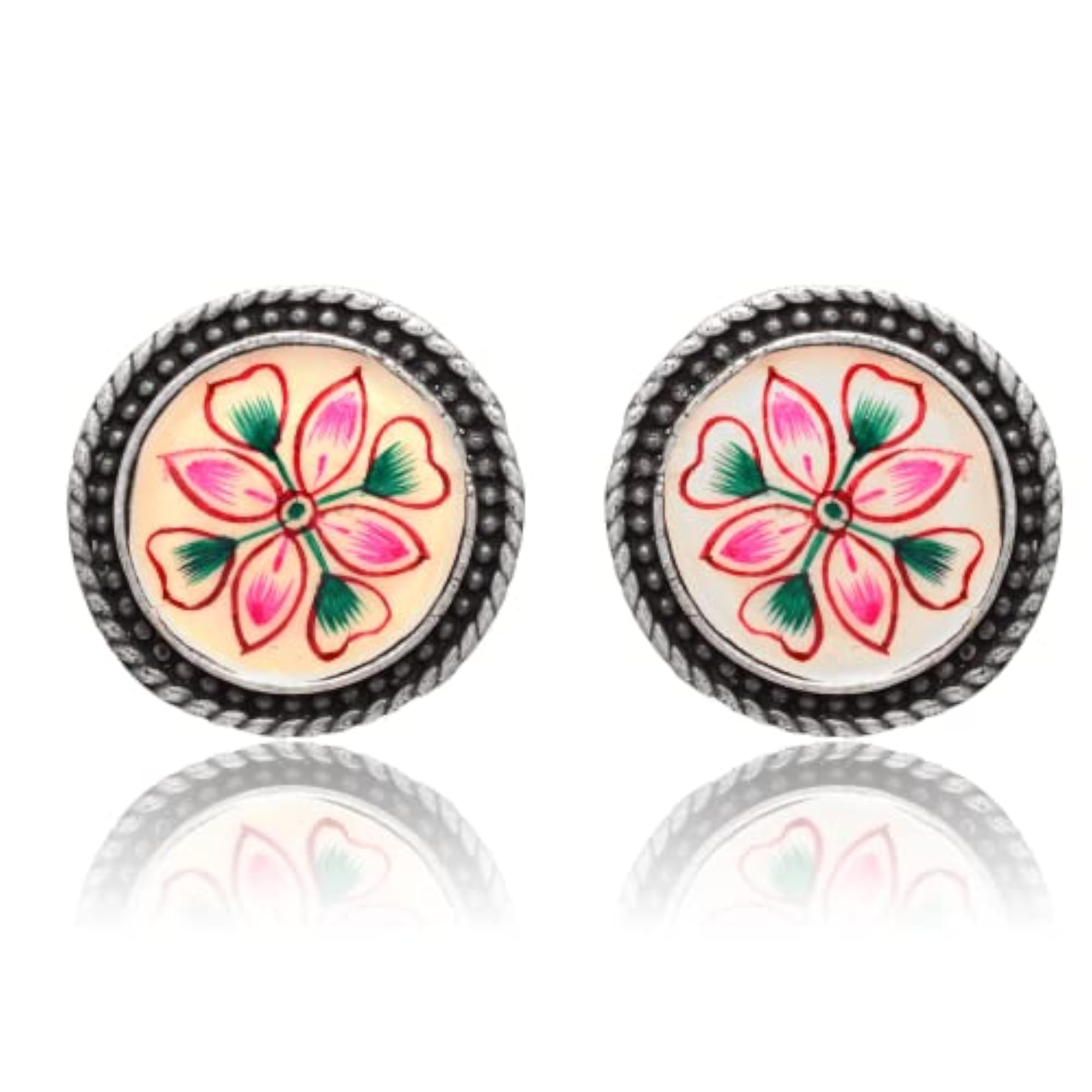 Women's Pink Enamel Stud Earrings, Oxidized Handmade