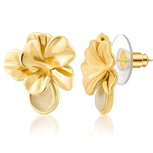 Flower Stud Earrings for Women – Chunky Gold Earrings, Cute Small Floral Design, 14K Gold Plated, 0.63 x 0.67 in Dainty Gift