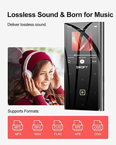 32GB MP3 Player with Bluetooth 5.0, HiFi Lossless Sound Music Player, 2.4 Inch Portable Digital Mp3 with FM Radio, HD Speaker, Voice Recorder, Touch Button, AUX Cable, Supports up to 128GB, Black