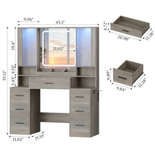 Image of HUANLEGO Makeup Vanity Desk with Mirror and LED Lights for Girls, Grey | Farmhouse Dressing Table Set for Women, LED Glass Cabinet, 7 Drawers, Power Outlet, Hair Dryer, 3 Lighting Modes