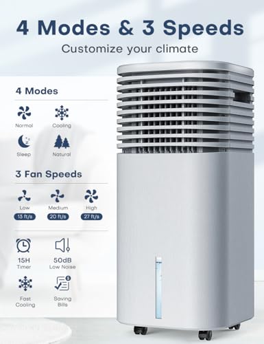Image of 4-IN-1 Portable Air Conditioners, Evaporative Air Cooler w /4 Modes & 3 Speeds, 15H Timer for Smart Auto-off, 2-Gal Tank for 20H Cooling,17FT Remote,No Hose Needed - Metallic