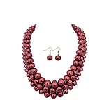 Women's Simulated Faux Three Multi-Strand Pearl Statement Necklace and Earrings Set (Burgundy Wine)