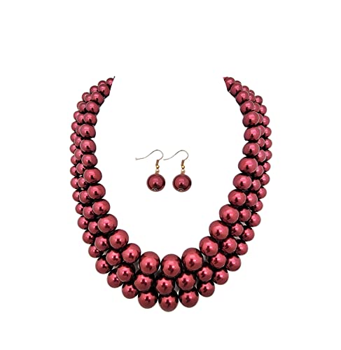 Fashion 21 Women's Faux Pearl Three Multi-Strand Statement Necklace and Earrings Set (Burgundy Wine) by Fashion 21 - Used condition - US$7.45