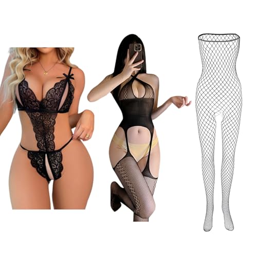 3pcs Lingerie for Women - Mesh Teddy Bodysuit, Plus Size, Naughty Outfit for Special Occasions (Black3, One Size)
