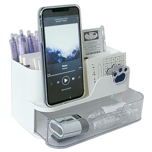 clowin デスクオーガナイザー 卓上収納 スマホスタンド 卓上 引き出し付き メイク 白 ペン立て 収納 オフィス 小物入れ 卓上 スリム ホワイト