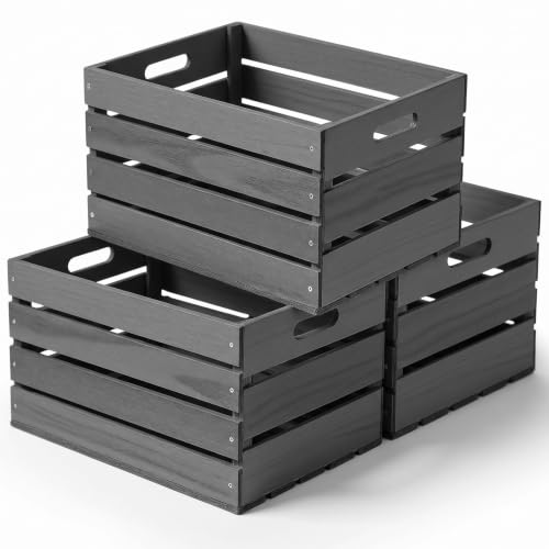 Weysat 3 Pack 12 Inch Grey Wood Crates Box for Storage Display