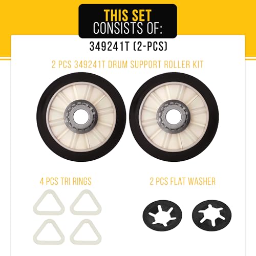PartsBroz 349241T Dryer Drum Roller Kit - Compatible with Whirlpool Kenmore Roper KitchenAid - Replaces AP3098345 26000349241 349241 PS347627 110.60022010 LTE5243DQ8 WED4815EW1 WED4800XQ1 WED4815EW0