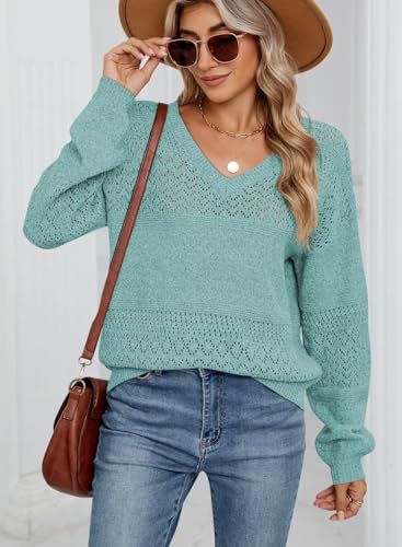 Image of JOCAFIYE Sweaters for Women Casual Long Sleeve V Neck Lightweight Hollow Out Pullover Sweater Tops