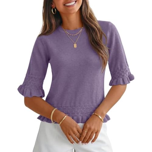 AKEWEI Womens 3/4 Sleeve Pullover Sweater Crewneck Knit Peplum Tops Lightweight Casual Going Out Outfits