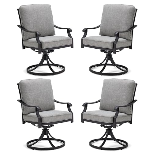 MELLCOM Patio Swivel Chair Set of 4, Heavy Duty Outdoor Dining Chairs with Thickened Cushions, Metal Patio Chairs Gentle Rocker for Outside, Garden Lawn & Porch, Backyard, Grey