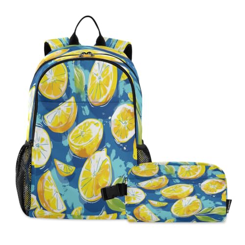 Sac d'école léger durable jaune motif citron avec boîte repas