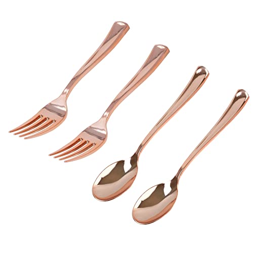 48Pcs Party Disposable Plastic Mini Forks and Spoons Set Polished Gold Cutlery Plastic Tasting Spoons Flatware Forks and Spoons for Small Appetizers and Desserts, Rose Gold